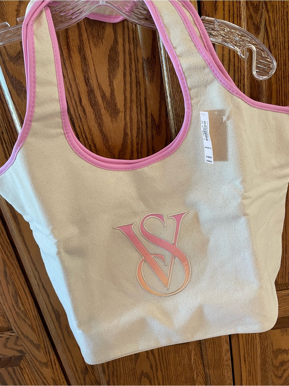 Victoria's Secret Cream Canvas Tote with Pink Trim and Monogram Accent